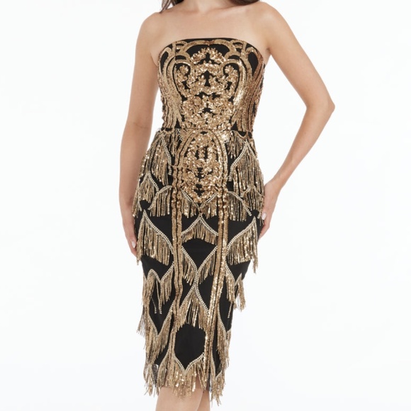 Dress the Population  - Viviana Strapless Sequin Fringe Midi Dress - Picture 1 of 12